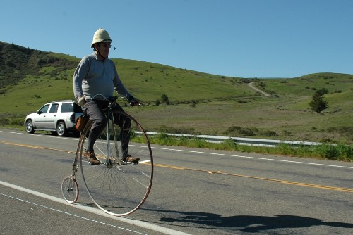 Apparently, this fellow once broke both arms falling off this bike.  Ow.